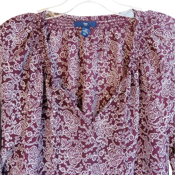 Gap Plum Smock Tie Blouse Womens Long Sleeve M 100% Polyester Paisley Print EUC - Picture 7 of 14